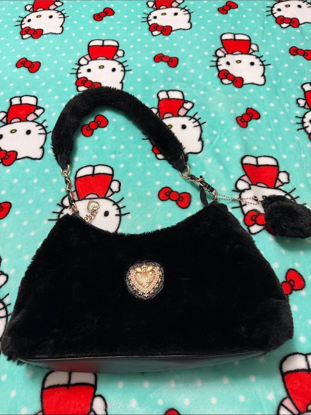 Juicy Couture Black Faux-Fur Shoulder Bag with Gold Heart Emblem